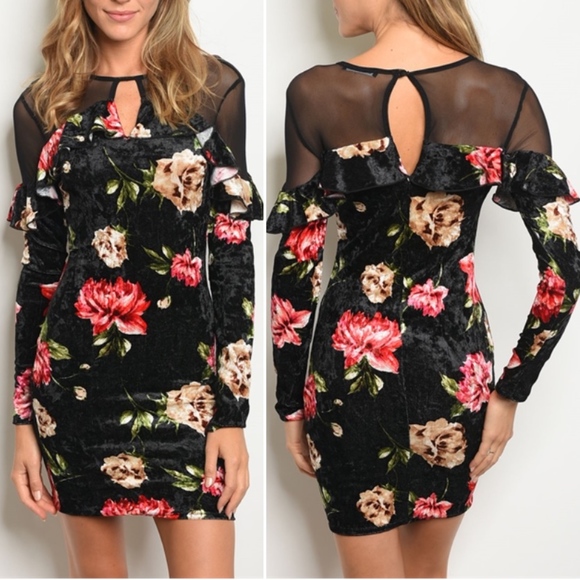 Trend Setter Diva Boutique Dresses & Skirts - 3 LEFT! VELVET FLORAL BODYCON MESH DRESS!